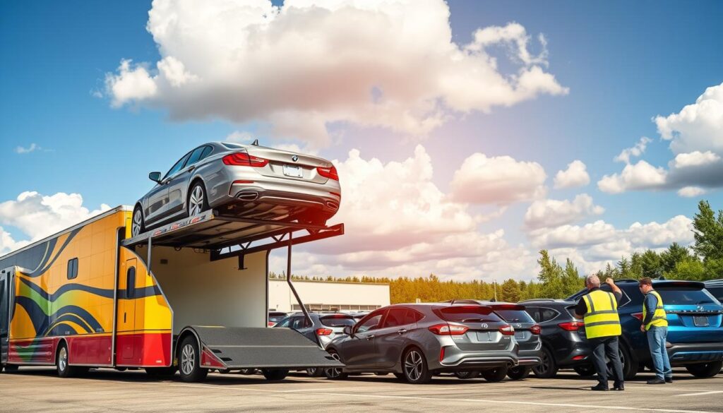 A busy auto transport facility in Oscoda, Michigan, showcasing a vibrant scene of professional car shipping. In the foreground, a modern car hauler truck, painted in bright colors, is parked with a sleek sedan being loaded onto its upper deck. The middle ground features several vehicles waiting to be shipped, including SUVs and compact cars, all organized in neat rows. In the background, the iconic Oscoda skyline is visible, with a clear blue sky and soft, fluffy clouds overhead, creating a sunny, inviting atmosphere. The lighting is bright and warm, highlighting the details of the vehicles and the professionalism of the workers, who are dressed in safety vests and business casual attire. The composition is captured from a slight low angle to emphasize the vehicles and make the scene more dynamic. A busy auto transport facility in Oscoda, Michigan, showcasing a vibrant scene of professional car shipping. In the foreground, a modern car hauler truck, painted in bright colors, is parked with a sleek sedan being loaded onto its upper deck. The middle ground features several vehicles waiting to be shipped, including SUVs and compact cars, all organized in neat rows. In the background, the iconic Oscoda skyline is visible, with a clear blue sky and soft, fluffy clouds overhead, creating a sunny, inviting atmosphere. The lighting is bright and warm, highlighting the details of the vehicles and the professionalism of the workers, who are dressed in safety vests and business casual attire. The composition is captured from a slight low angle to emphasize the vehicles and make the scene more dynamic.
