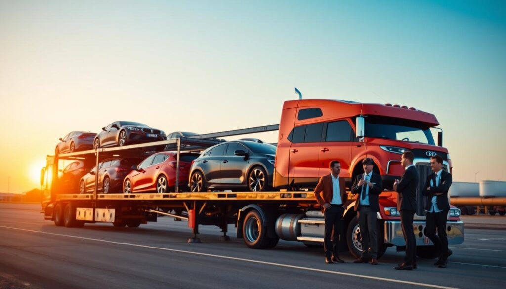 A busy auto transport logistics hub in Romulus, Michigan, with a focus on a vibrant car carrier truck. In the foreground, the truck is loaded with sleek, colorful vehicles, showcasing a variety of makes and models. The middle ground features dedicated logistics team members in professional attire, discussing routes and coordinating shipping schedules, demonstrating teamwork and efficiency. The background is a clear blue sky, accentuated by the setting sun casting a warm glow, creating an optimistic atmosphere. The scene is framed from a slightly elevated angle to capture the dynamic flow of the operation, emphasizing the professionalism and dedication of the logistics team, with soft focus on the horizon for a sense of depth.