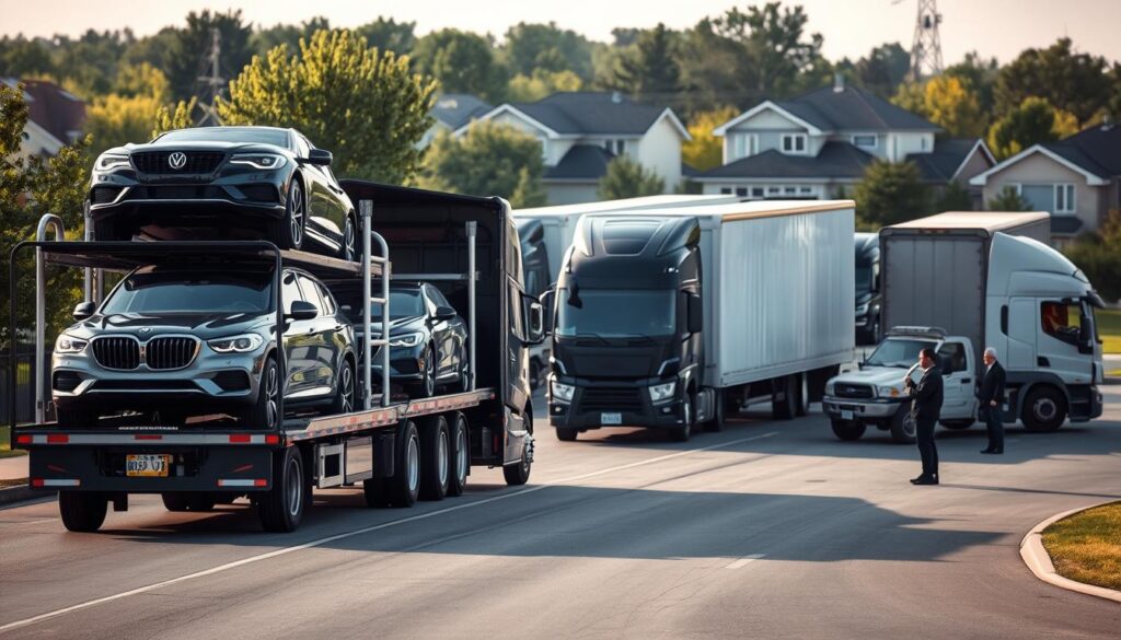 A busy auto transport scene in Dearborn Heights, Michigan, showcasing a modern vehicle shipping truck in the foreground, loaded with shiny cars ready for transport. The middle ground features a bustling transport yard with additional vehicles, trailers, and logistics personnel in professional attire overseeing operations. In the background, suburban houses and greenery typical of Dearborn Heights provide a sense of location. The scene is illuminated by soft afternoon sunlight, casting gentle shadows that enhance the vehicles' features and the surroundings. The mood should be professional and organized, capturing the essence of efficient car shipping and auto transport. Use a slightly elevated angle to give a comprehensive view of the transport yard and trucks, emphasizing the scale of the operation.
