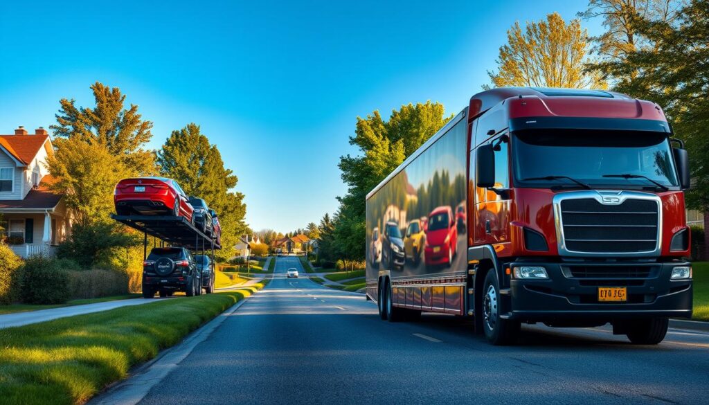 A busy auto transport scene in Dexter, Michigan, featuring a modern car shipping truck prominently in the foreground, loaded with various colorful vehicles securely fastened. In the middle ground, a well-maintained asphalt road runs alongside lush greenery, with a suburban backdrop showcasing charming houses and trees typical of the Dexter area. The background features a clear blue sky bathed in warm afternoon sunlight, enhancing the inviting atmosphere. The lens captures the action at a slightly low angle, emphasizing the professionalism and efficiency of the car shipping process. A sense of reliability and trustworthiness permeates the image, ideal for depicting professional car shipping and auto transport services.