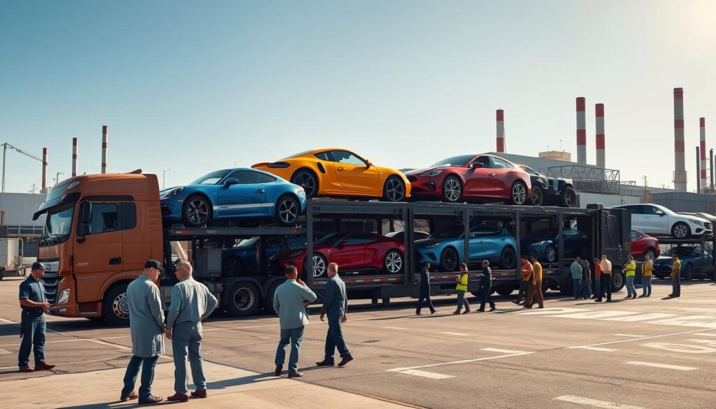 A busy auto transport scene in River Rouge, Michigan, showcasing a large car carrier truck loaded with new vehicles in vibrant colors, parked near a modern shipping yard. In the foreground, mechanics in professional attire inspect the delivery, emphasizing the careful handling of the cars. The middle ground features the bustling activity of workers assisting with the loading and unloading process, all under a bright blue sky. In the background, iconic industrial landmarks of River Rouge hint at the automotive legacy, with smokestacks and factories visible. The scene captures a sense of efficiency and teamwork in the auto transport industry, with warm sunlight illuminating the entire setting, creating a dynamic and engaging atmosphere.
