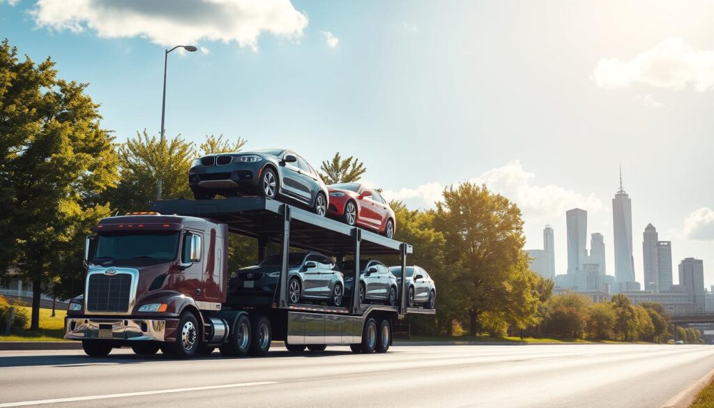 A busy auto transport scene in Riverview, Michigan, showcasing a modern car carrier truck in the foreground, loaded with various vehicles. The truck, gleaming in the sunlight, is parked on a wide road surrounded by lush green trees. In the middle ground, the Riverview skyline features recognizable local landmarks, indicating the location. The background shows a clear blue sky with a few fluffy clouds. Soft morning sunlight illuminates the scene, creating a warm and inviting atmosphere. The angle is slightly elevated, emphasizing the truck's height and scale. The mood is industrious yet serene, encapsulating the essence of car shipping and transport in the heart of Riverview. No people are present in the image.
