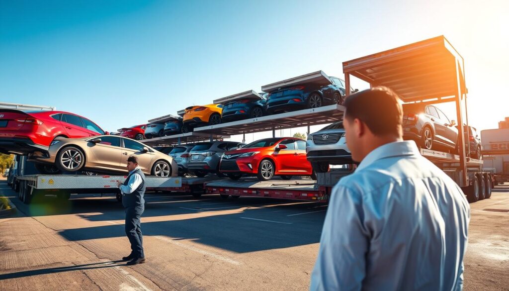 A busy auto transport scene set in Lincoln Park, Michigan, featuring multiple car carriers loaded with various vehicles, including sedans and trucks. In the foreground, a professional driver in business attire is inspecting one of the trucks, ensuring safety and reliability. The middle ground showcases several car transport trailers, parked efficiently, with vibrant cars gleaming under the warm sunlight. In the background, a clear blue sky contrasts with the urban landscape of Lincoln Park, giving a sense of location. The natural light casts soft shadows, enhancing the details of the vehicles and the transport trailers. The mood is industrious yet calm, conveying trust and professionalism in car shipping and auto transport services.