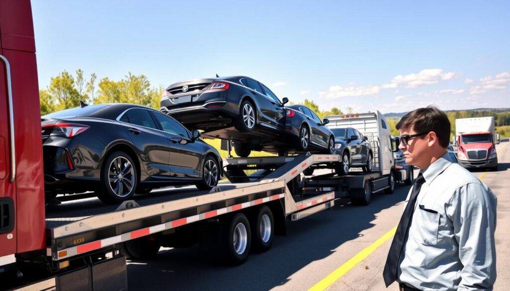 A busy auto transport scene set in Reed City, Michigan, showcasing multiple car carriers loaded with vehicles ready for shipping. In the foreground, a professional driver in business attire inspects a vehicle on one of the carriers, showcasing the care and expertise involved in car shipping. The middle ground features two car transport trucks, one unloading sleek sedans and the other preparing to load SUVs, against a backdrop of lush Michigan greenery and a clear blue sky. The lighting is bright and natural, highlighting the vibrant colors of the cars. In the background, the scenic outline of Reed City's landscape can be seen, creating a sense of location and professionalism in the car transport industry. The mood is industrious and efficient, reflecting the expertise in auto transport.