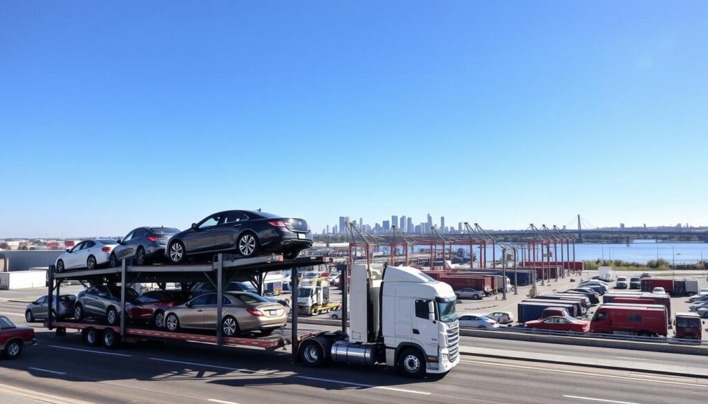 A busy auto transport scene set in Saginaw, Michigan, focusing on a large car carrier truck in the foreground, expertly loaded with various vehicles like sedans, SUVs, and trucks, showcasing a diverse range of colors. The middle ground features an expansive, bustling auto shipping terminal with shipping containers and cranes, under a clear blue sky. In the background, the iconic Saginaw River and skyline, with recognizable local buildings, provides a picturesque, urban setting. The lighting is bright and natural, emphasizing the vibrant colors of the vehicles and the dynamic environment. The mood is industrious yet inviting, capturing the essence of car shipping and auto transport in a community-centric atmosphere.