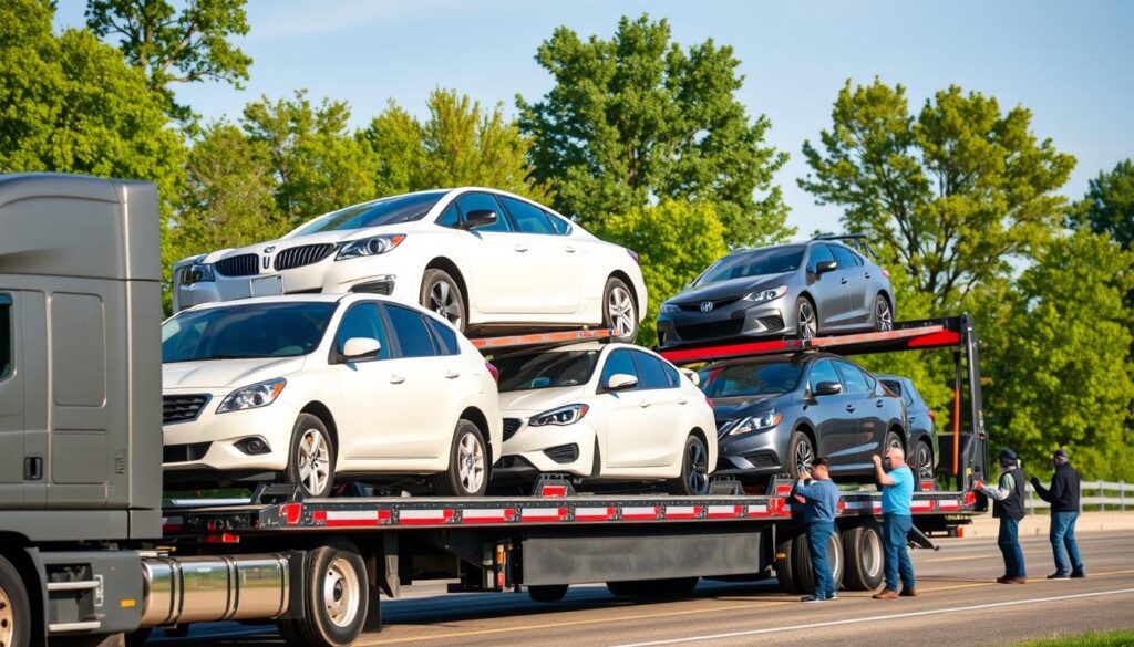 A busy auto transport scene set in Spring Lake, Michigan. In the foreground, a professional-looking car transport truck is loaded with multiple vehicles, showcasing various makes and models, highlighting the auto transport process. In the middle ground, transport workers in professional attire are carefully inspecting and securing the vehicles, emphasizing attention to detail. The background features the serene landscapes of Spring Lake, with green trees and a clear blue sky, under soft, natural daylight. The angle is slightly elevated, providing a clear view of the truck and the workers, capturing the organized chaos of car shipping. The mood is industrious and focused, reflecting the professionalism and efficiency involved in the auto transport process.