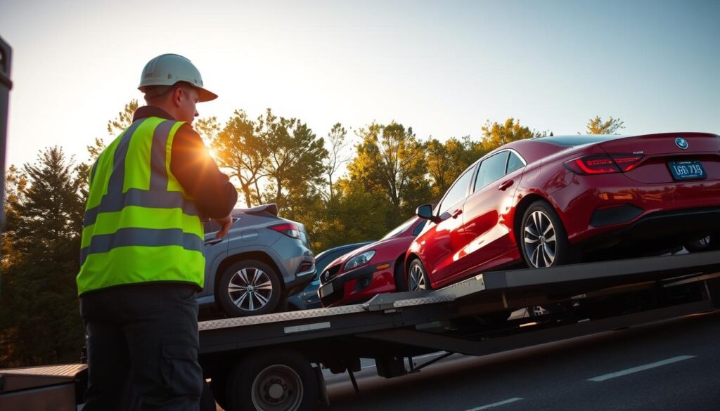A busy auto transport service scene in Bellaire, Michigan during golden hour. In the foreground, a shiny red car is being carefully loaded onto an open-carrier truck by a professional driver wearing a reflective vest and safety helmet. In the middle, multiple cars of various colors are visible on the carrier, showcasing an efficient transport process. The background features lush Michigan trees and a clear blue sky, embodying a blend of nature and logistics. Soft, warm lighting casts a welcoming glow over the scene, evoking a sense of professionalism and reliability in auto transport services. The perspective is slightly low angle to emphasize the height of the carrier and the care being taken in the loading process.