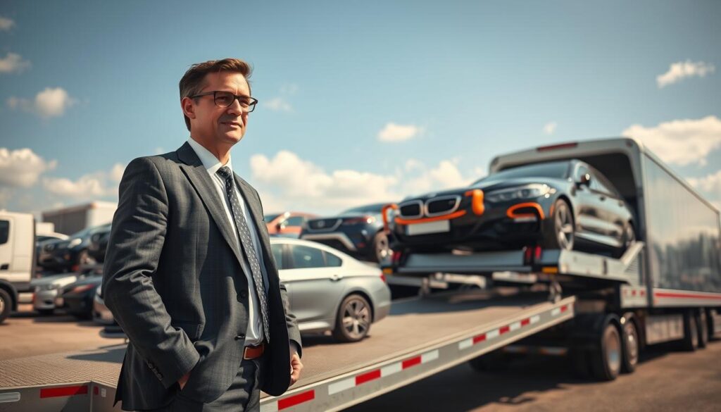 A busy auto transport yard in Allen Park, Michigan, filled with various vehicles being loaded onto gleaming transport trucks. In the foreground, a professional transport manager in a smart business outfit oversees the loading process, ensuring everything runs smoothly. The middle ground features shiny cars and SUVs in bright metallic colors, parked on transport carriers, showcasing the efficiency of local transport services. In the background, a clear blue sky with soft clouds illuminates the scene, creating a bright and welcoming atmosphere. The lighting is natural and bright, emphasizing the professionalism of the transport service. The image should be captured at eye level with a slight angle to create depth, conveying a sense of reliability and teamwork in auto transport.