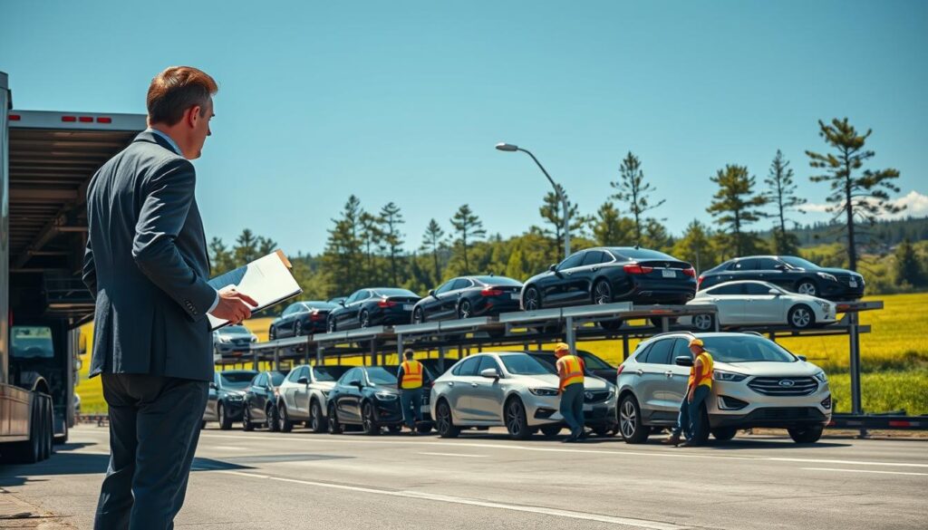 A busy auto transport yard in Canton, Michigan, showcasing multiple car carriers lined up with a variety of vehicles ready for shipping. In the foreground, a professionally dressed logistics manager, clipboard in hand, oversees the loading of a sleek sedan onto a transport trailer. The middle ground features the car carriers with different makes and models of cars, glinting in the sunlight, while workers in safety vests carefully navigate around them. The background reveals a clear blue sky above a vibrant green landscape, with pine trees and a glimpse of the local skyline in the distance. The scene is bright and energetic, conveying a sense of efficiency and professionalism in the auto transport industry. Soft, natural lighting enhances the overall atmosphere, capturing the dynamic environment of car shipping.