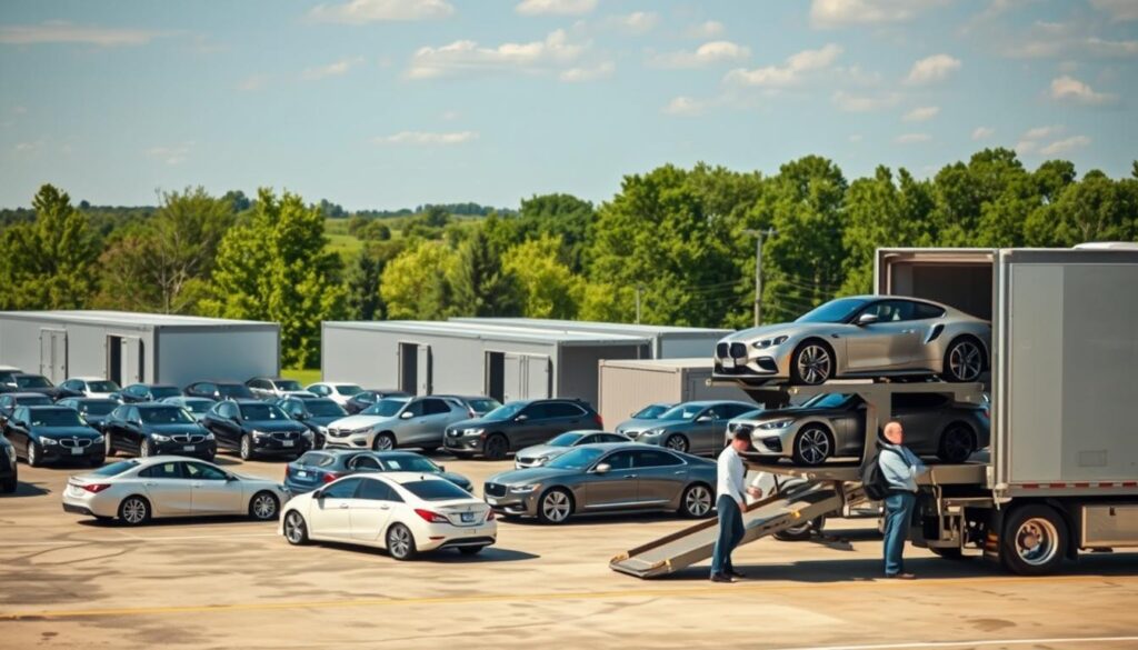 A busy auto transport yard in Frankfort, Michigan, depicting a variety of vehicles being loaded onto a professional car carrier truck. In the foreground, a transport truck with an elegant design is carefully loading luxury cars, while workers in professional attire manage the process. The middle ground features a mix of sedans, SUVs, and trucks waiting for shipment, surrounded by a few modern shipping containers, showcasing an organized and bustling environment. In the background, the lush Michigan landscape with green trees and a clear blue sky provides a serene backdrop. The lighting is bright and natural, capturing the essence of a productive day in auto transport. The atmosphere is efficient and professional, emphasizing reliability and care in car shipping services.