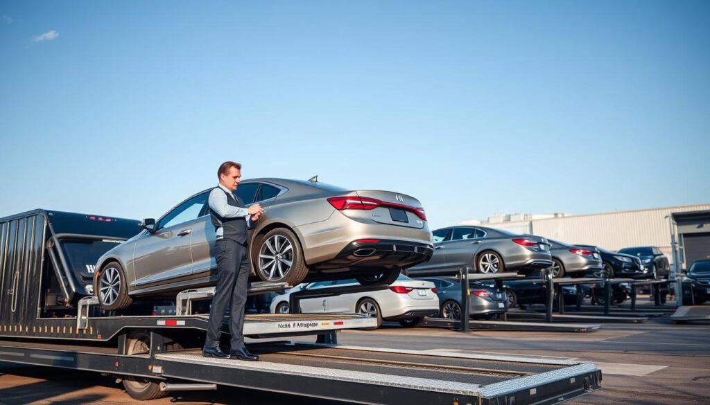 A busy auto transport yard in Lowell, Michigan, showcasing a range of vehicles ready for shipment. In the foreground, a professional driver in business attire inspects a sleek sedan loaded onto a car hauler, emphasizing the attention to detail in auto transport services. The middle ground features multiple car carriers with various cars, highlighting the reliability and efficiency of transport. The background shows a clear blue sky with a hint of industrial buildings, creating an atmosphere of professionalism and trust. Soft, natural lighting highlights the shiny surfaces of the vehicles and the well-maintained transport equipment. The image captures a sense of organized activity within the auto transport industry, inviting confidence and reassurance in car shipping services.