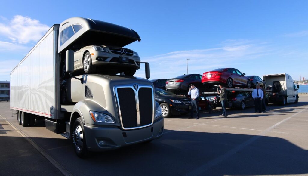 A busy car shipping and auto transport scene set in Ludington, Michigan during a bright sunny day. In the foreground, a sleek, modern car carrier truck is parked, showcasing a variety of colorful vehicles loaded securely, reflecting sunlight. In the middle ground, a well-organized auto transport terminal features professionals in smart casual clothing, interacting and coordinating logistics, surrounded by additional vehicles and transport equipment. The background features scenic views of Ludington’s landmarks and waterfront, with clear blue skies and subtle clouds, enhancing the atmosphere of efficiency and professionalism. The image is bright and vibrant, captured with a wide-angle lens to emphasize depth, delivering a proactive and trustworthy mood.