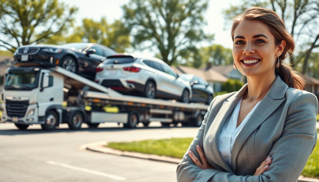A busy car shipping service scene set in Grosse Pointe Park, Michigan. In the foreground, a professional-looking woman in a smart business suit stands by a car carrier truck, engaging with a client. The middle ground features a variety of vehicles, including sedans and SUVs, loaded securely onto the carrier. The background shows a sunny Michigan skyline with lush trees and residential homes, reflecting the local atmosphere. The lighting is bright and natural, creating a vibrant and inviting scene. The perspective is slightly low, emphasizing the height of the truck and the vehicles, conveying professionalism and reliability in auto transport services. The overall mood is optimistic and efficient, illustrating the ease of car shipping in this picturesque location.