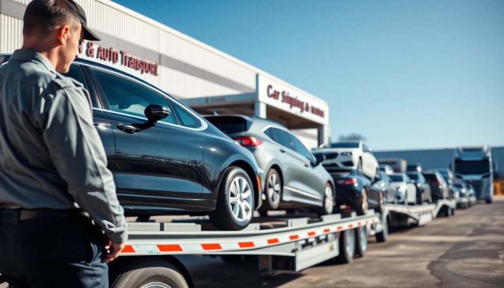 A busy car shipping services yard in Sturgis, Michigan, showcasing a fleet of pristine transport trucks ready for loading. In the foreground, a professional driver in a neat uniform inspects a shiny sedan, emphasizing attention to detail and care. The middle section features several cars on transport carriers, showcasing a variety of vehicles like compact cars and SUVs, all well secured. The background includes a clear blue sky and a modern warehouse labeled 'Car Shipping & Auto Transport,' reflecting a reliable business environment. The lighting is bright and natural, simulating a sunny day, while a slight depth of field blurs the distant elements for a focus on the cars and the driver, evoking a sense of professionalism and trustworthiness.
