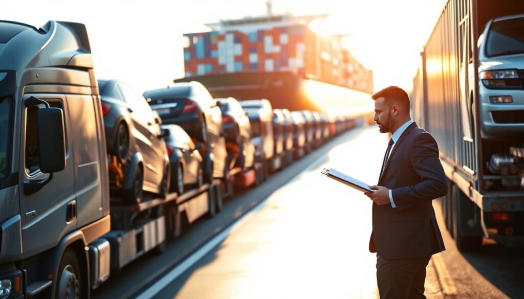 A busy car shipping terminal at dawn, showcasing a variety of vehicles on transport trucks and a large shipping container ship in the background. In the foreground, a well-dressed logistics manager inspects the vehicles, wearing a professional suit and clipboard in hand. The middle ground features trucks lined up, some unloading vehicles while others are being loaded, surrounded by bright, natural lighting that casts soft shadows. The background reveals a clear sky with a hint of sunrise, creating an atmosphere of productivity and efficiency. The scene emphasizes organized chaos, symbolizing the nationwide transport services, with a clean, professional look that resonates with affordability and reliability. A busy car shipping terminal at dawn, showcasing a variety of vehicles on transport trucks and a large shipping container ship in the background. In the foreground, a well-dressed logistics manager inspects the vehicles, wearing a professional suit and clipboard in hand. The middle ground features trucks lined up, some unloading vehicles while others are being loaded, surrounded by bright, natural lighting that casts soft shadows. The background reveals a clear sky with a hint of sunrise, creating an atmosphere of productivity and efficiency. The scene emphasizes organized chaos, symbolizing the nationwide transport services, with a clean, professional look that resonates with affordability and reliability.