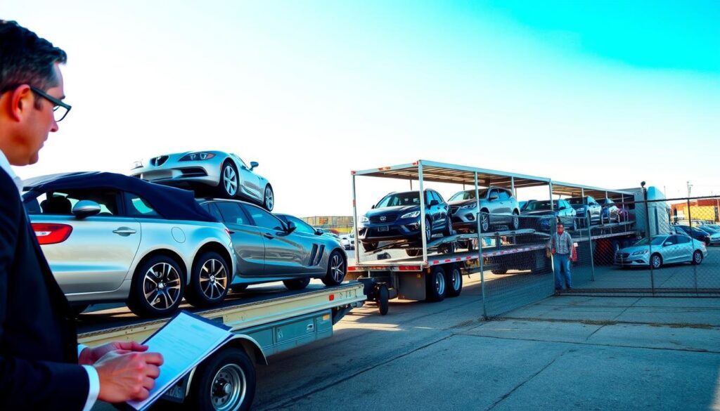 A busy car shipping terminal in Adrian, Michigan, showcasing a variety of vehicles ready for transport. In the foreground, a professional-looking employee in business attire checks paperwork beside an open truck carrying sedans, SUVs, and classic cars. The middle ground features a large car carrier truck parked alongside a fence, while workers efficiently load and unload vehicles. In the background, a clear blue sky provides bright, natural lighting, highlighting the vibrant color of the cars. The scene conveys a sense of reliability and order, demonstrating the smooth operation of a trusted car shipping service. The overall mood is industrious yet approachable, emphasizing professionalism and efficiency in auto transport.