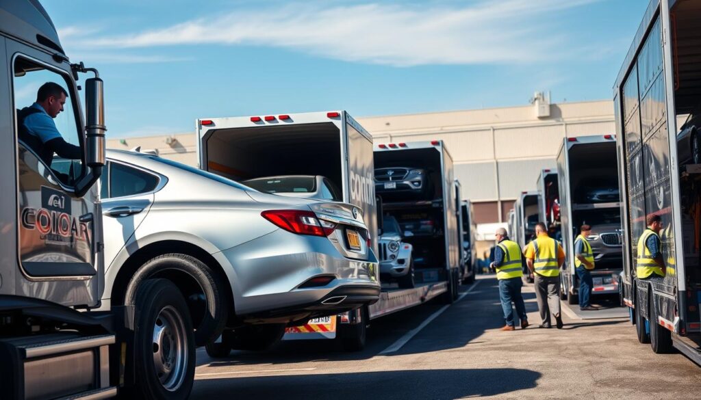A busy car shipping terminal in Ecorse, Michigan, showcasing a variety of vehicles being loaded onto professional car transport trucks. In the foreground, a truck driver in professional attire inspects a shiny sedan, ensuring it’s securely loaded. The middle ground features several car transporters lined up, revealing different types of vehicles like SUVs and classic cars being carefully handled by workers in safety vests. The background consists of a clear blue sky and industrial buildings, capturing the essence of a busy transport hub. Bright daylight casts soft shadows, emphasizing a professional atmosphere. The scene conveys efficiency and reliability in car shipping, with a focus on team collaboration and attention to detail. A busy car shipping terminal in Ecorse, Michigan, showcasing a variety of vehicles being loaded onto professional car transport trucks. In the foreground, a truck driver in professional attire inspects a shiny sedan, ensuring it’s securely loaded. The middle ground features several car transporters lined up, revealing different types of vehicles like SUVs and classic cars being carefully handled by workers in safety vests. The background consists of a clear blue sky and industrial buildings, capturing the essence of a busy transport hub. Bright daylight casts soft shadows, emphasizing a professional atmosphere. The scene conveys efficiency and reliability in car shipping, with a focus on team collaboration and attention to detail.