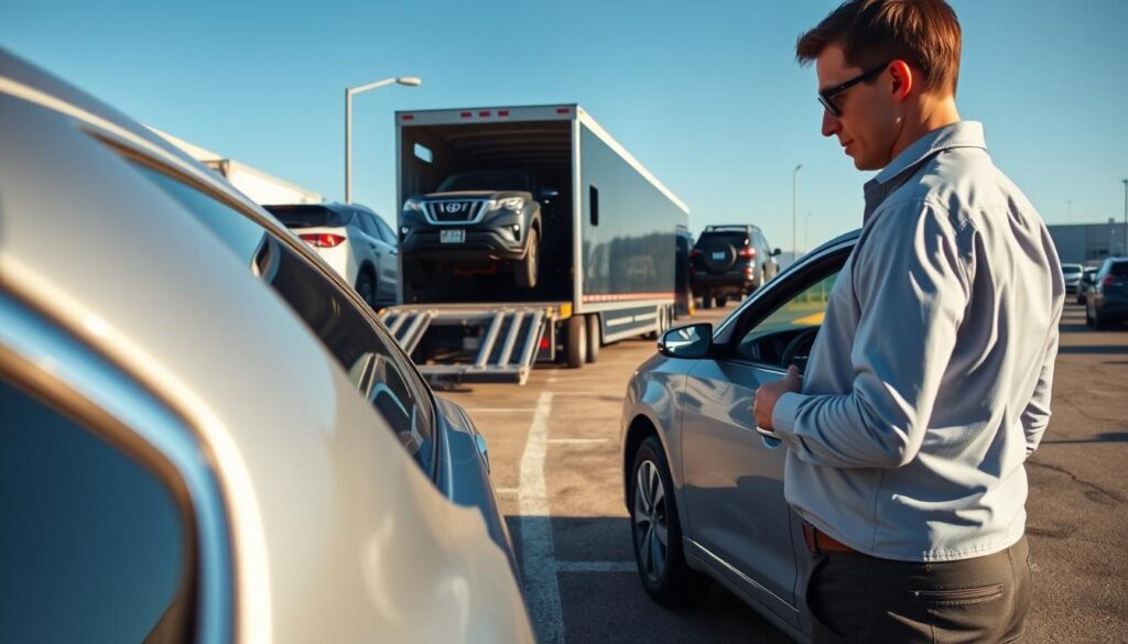 A busy car shipping terminal in Grandville, Michigan, showcasing a variety of vehicles ready for transport. In the foreground, a professional attendant in smart casual clothing is inspecting a shiny sedan, while a transport truck is visible in the middle, loading SUVs onto its trailer. The background features a clear blue sky and parking lot with additional vehicles awaiting shipment, highlighting the efficiency of the services offered. The scene is illuminated by soft, natural sunlight, creating an inviting atmosphere. The angle captures the hustle and bustle of a vehicle shipping operation, emphasizing reliability and professionalism in vehicle transport. No text or branding is present in the image.