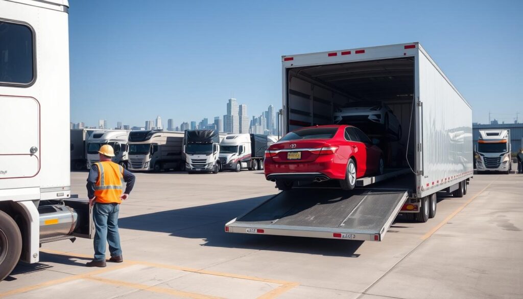 A busy car shipping terminal in Kalamazoo, Michigan, showcasing various transport trucks loaded with cars ready for shipment. In the foreground, a shiny red sedan is being carefully loaded onto an enclosed transport trailer by a professional in a reflective safety vest and hard hat. In the middle ground, several other trucks stand parked, some with cars being unloaded, while a few workers coordinate the logistics. In the background, the Kalamazoo skyline is visible under a clear blue sky, adding to the sense of location. The lighting is bright and natural, emphasizing the bustling atmosphere of a reliable auto transport service. Capture this scene from a slightly elevated angle to provide a comprehensive view of the operations, creating a sense of trust and professionalism. A busy car shipping terminal in Kalamazoo, Michigan, showcasing various transport trucks loaded with cars ready for shipment. In the foreground, a shiny red sedan is being carefully loaded onto an enclosed transport trailer by a professional in a reflective safety vest and hard hat. In the middle ground, several other trucks stand parked, some with cars being unloaded, while a few workers coordinate the logistics. In the background, the Kalamazoo skyline is visible under a clear blue sky, adding to the sense of location. The lighting is bright and natural, emphasizing the bustling atmosphere of a reliable auto transport service. Capture this scene from a slightly elevated angle to provide a comprehensive view of the operations, creating a sense of trust and professionalism.