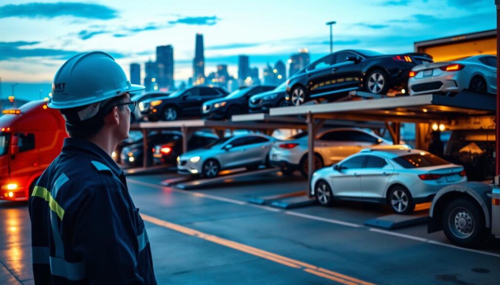 A busy car shipping terminal in Southfield, Michigan, showcasing a variety of vehicles being loaded onto transport trucks. In the foreground, a professional vehicle transporter in a hard hat and uniform is directing the loading process, ensuring safety and efficiency. The middle ground features transport trucks with cars secured on ramps, with sleek sedans, SUVs, and pickup trucks prominently displayed. The background shows Southfield's skyline, illuminated by the soft glow of a setting sun, creating a warm atmosphere. The scene is captured with a wide-angle lens to convey the bustling activity, highlighting the importance of auto transport in the region. The lighting sets a professional yet inviting mood, emphasizing the reliability of car shipping services.
