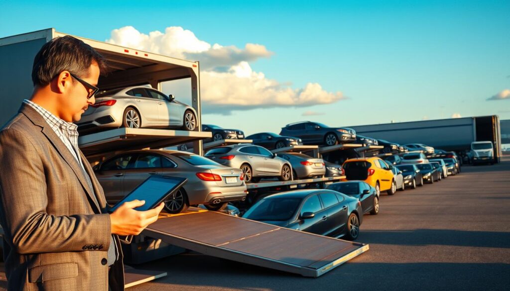 A busy car shipping yard during daylight, showcasing a diverse range of vehicles ready for transport. In the foreground, a professional transportation manager in a smart, casual outfit checks a tablet, overseeing the loading of a sleek sedan onto a multi-car carrier. The middle ground features several car carriers lined up, fully loaded with a mix of cars, trucks, and SUVs, demonstrating an organized and efficient shipping process. The background includes a clear blue sky with a few fluffy white clouds, enhancing the sense of a well-managed and productive environment. Soft, natural lighting highlights the vehicles and the diligent workers, creating a warm and trustworthy atmosphere, ideal for representing professional auto shipping services. The image is taken from a slightly elevated angle to provide a comprehensive view of the operations. A busy car shipping yard during daylight, showcasing a diverse range of vehicles ready for transport. In the foreground, a professional transportation manager in a smart, casual outfit checks a tablet, overseeing the loading of a sleek sedan onto a multi-car carrier. The middle ground features several car carriers lined up, fully loaded with a mix of cars, trucks, and SUVs, demonstrating an organized and efficient shipping process. The background includes a clear blue sky with a few fluffy white clouds, enhancing the sense of a well-managed and productive environment. Soft, natural lighting highlights the vehicles and the diligent workers, creating a warm and trustworthy atmosphere, ideal for representing professional auto shipping services. The image is taken from a slightly elevated angle to provide a comprehensive view of the operations.