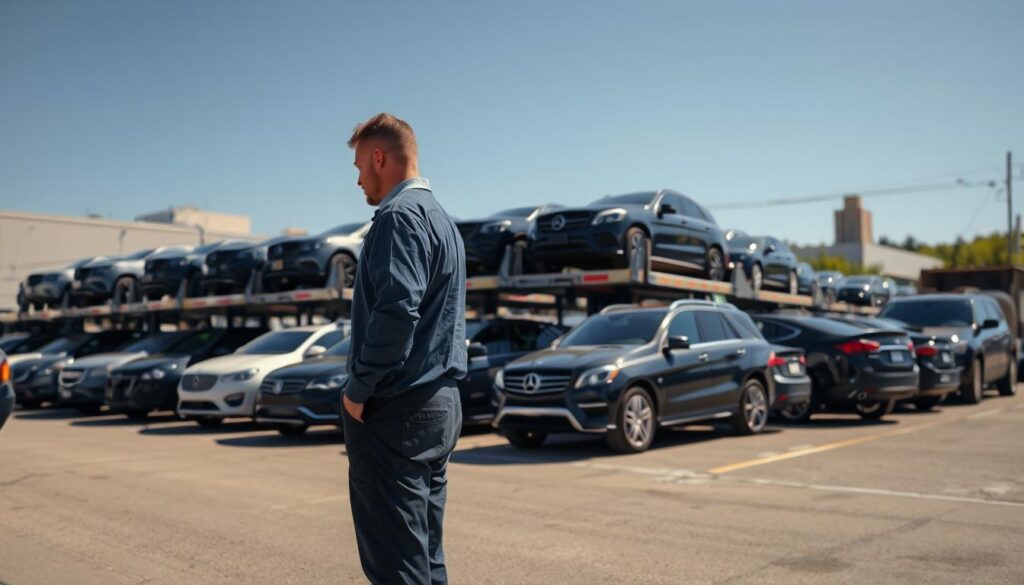 A busy car shipping yard in Allen Park, Michigan, featuring rows of transport trucks loaded with a variety of vehicles, including sedans and SUVs. In the foreground, a worker in professional attire inspects the vehicles being loaded, surrounded by a clear blue sky and bright sunlight that reflects off the shiny car surfaces. The middle ground showcases the transport trucks parked in neat lines, while the background displays the industrial landscape of Allen Park, with distinctive buildings and greenery peeking through. The image conveys a sense of professionalism and efficiency, capturing the essence of car shipping and auto transport operations in a bustling environment. The mood is vibrant and industrious, highlighting the importance of logistics in vehicle transportation. A busy car shipping yard in Allen Park, Michigan, featuring rows of transport trucks loaded with a variety of vehicles, including sedans and SUVs. In the foreground, a worker in professional attire inspects the vehicles being loaded, surrounded by a clear blue sky and bright sunlight that reflects off the shiny car surfaces. The middle ground showcases the transport trucks parked in neat lines, while the background displays the industrial landscape of Allen Park, with distinctive buildings and greenery peeking through. The image conveys a sense of professionalism and efficiency, capturing the essence of car shipping and auto transport operations in a bustling environment. The mood is vibrant and industrious, highlighting the importance of logistics in vehicle transportation.