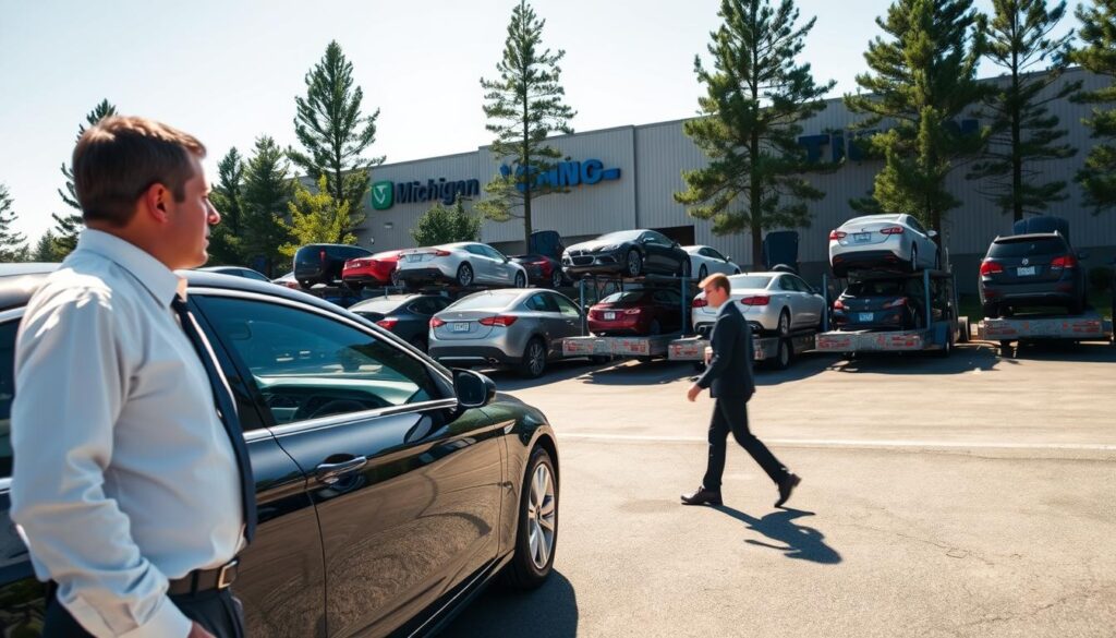 A busy car shipping yard in Cheboygan, Michigan, showcasing a variety of vehicles ready for transport. In the foreground, a professional driver dressed in smart business attire inspects a sleek, polished sedan, emphasizing meticulous care. In the middle, several car carriers are parked, their trailers loaded with diverse cars, reflecting a well-organized operational flow. Bright sunlight bathes the scene, casting clear, sharp shadows that enhance the vibrant colors of the vehicles. In the background, a well-maintained building displays the company’s logo, surrounded by tall trees typical of the Michigan landscape. The atmosphere is dynamic yet professional, conveying the reliability and efficiency of car shipping services. Shot from a low angle to emphasize the vehicles, creating a sense of depth and activity.