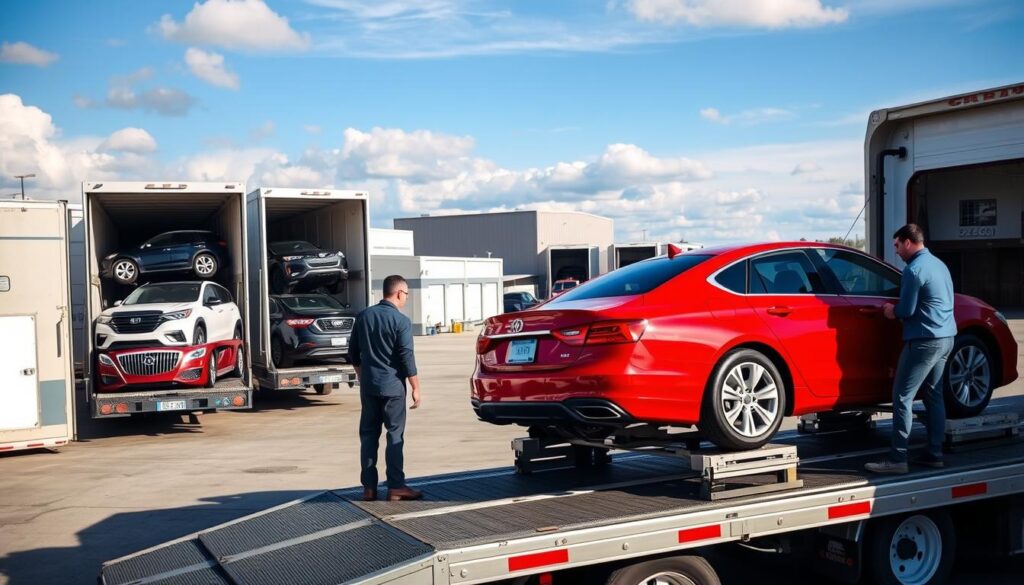 A busy car shipping yard in Hillsdale, Michigan during the day. In the foreground, a sleek red sedan is positioned on a transport truck, showcasing professional car loading techniques by two workers in business attire, carefully securing the vehicle. In the middle ground, several open car transport trucks loaded with various vehicles including SUVs and trucks illustrate the auto transport process. The background features a clear blue sky with soft clouds, and nearby warehouses, hinting at the logistics involved in auto transport. The scene is well-lit with natural sunlight, enhancing the vibrant colors of the vehicles and the professionalism of the workers. The overall atmosphere conveys efficiency and reliability in the car shipping industry.