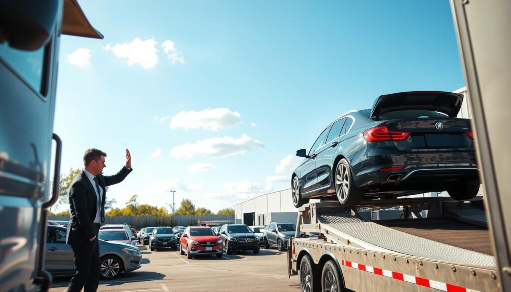 A busy car shipping yard in Holt, Michigan, showcasing multiple vehicles being transported. In the foreground, a professional driver in business attire inspects a shiny sedan loaded onto an open trailer, demonstrating careful handling of the auto transport process. In the middle, you see a variety of cars, SUVs, and trucks lined up, some ready to be loaded onto carriers while others are being unloaded. The background features a clear blue sky with a few fluffy clouds, reflecting a sunny day, and the outlines of trees and an industrial warehouse. Soft, natural lighting enhances the scene, creating a welcoming and efficient atmosphere. The angle captures a dynamic perspective, highlighting the logistics and professionalism of car shipping services.