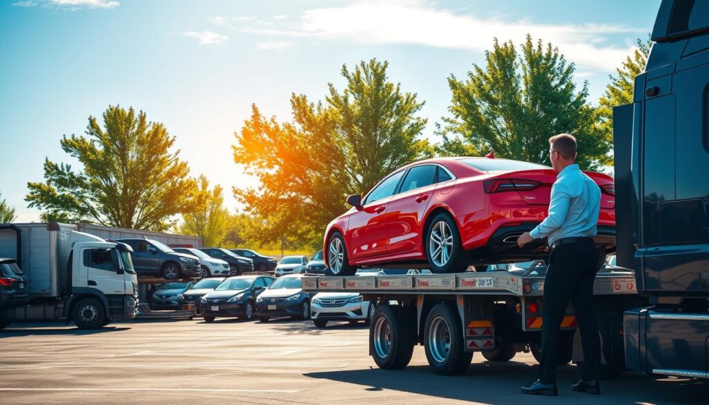 A busy car shipping yard in Ionia, Michigan, showcasing a variety of vehicles on transport trucks and in the background, a vibrant blue sky. In the foreground, a transport truck is carefully loading a bright red sedan onto its flatbed, while a professional in business attire supervises the process, ensuring safety and efficiency. The middle ground features additional transport vehicles, with some cars waiting to be loaded, reflecting the busy nature of auto transport. The background displays the industrial landscape of Ionia, with green trees framing the scene. The sunlight creates a warm, inviting atmosphere, illuminating the vehicles and enhancing the blue tones of the sky. Shot with a wide-angle lens to capture the depth and scale of the transport yard.