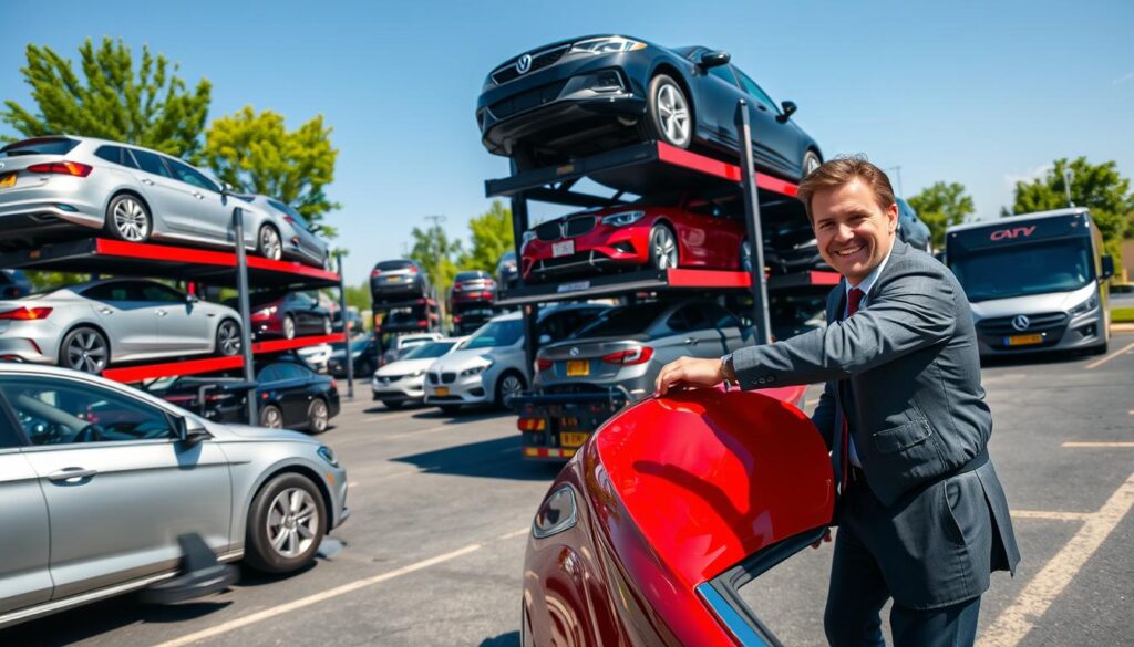 A busy car shipping yard in Romeo, Michigan, showcasing a fleet of various vehicles loaded onto multi-level transport trucks. In the foreground, a sleek red sedan is being carefully secured by a smiling professional in smart business attire, demonstrating reliability and trust. The middle ground features several transport trucks stacked with cars, showcasing an efficient operation under a clear blue sky. In the background, there are green trees and a hint of a Michigan skyline, creating a sense of locality. Bright, natural lighting illuminates the scene, emphasizing a feeling of professionalism and dependability. The angle captures the action in a dynamic way, making the viewer feel engaged with the car shipping process, conveying trust and reliability in transport solutions.