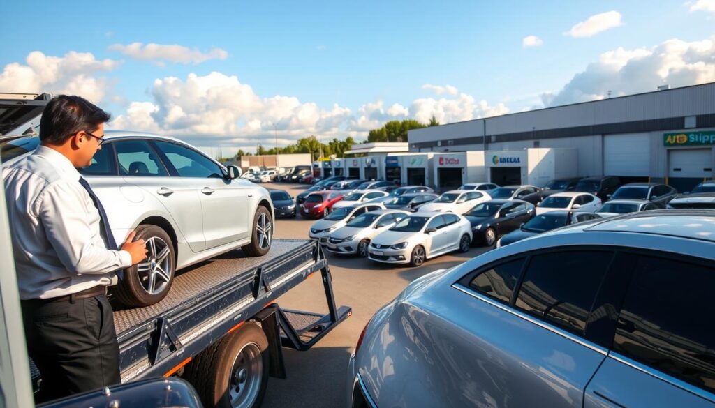 A busy car shipping yard in Wayne, Michigan, featuring a range of vehicles in transit. In the foreground, a professional driver in business attire inspects a sleek sedan on a car carrier truck, showcasing the transportation process. In the middle ground, several cars of various makes and models are lined up, waiting to be loaded, with a backdrop of the facility and equipment associated with auto transport. The background features a bright blue sky with soft, fluffy clouds, and nearby warehouses displaying logos of auto shipping companies. The scene is well-lit, capturing the hustle and bustle of the transport industry, with a focus on professionalism and efficiency. The angle is slightly elevated, providing a comprehensive view of the yard's operations.