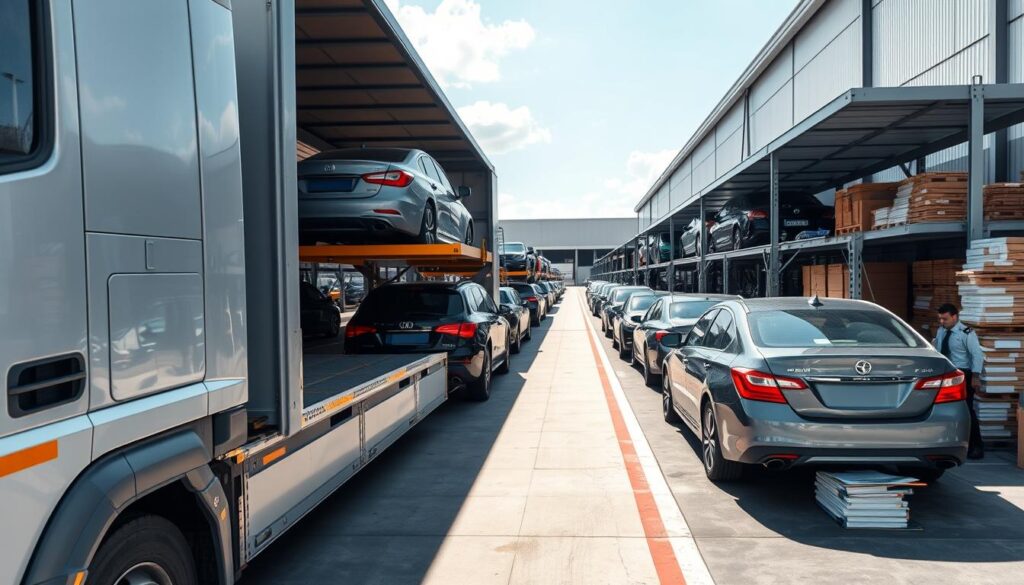 A busy fleet transport service terminal, showcasing a variety of vehicles being loaded onto transport trucks. In the foreground, a professional-looking driver in neat attire supervises the loading process, while a sleek car carrier truck is partially visible. The middle ground features multiple cars in pristine condition, ready for shipping, alongside organized storage areas with logistics details like stacks of paperwork and equipment. The background reveals the expansive terminal with bright, clear skies overhead, hinting at efficient operations. The scene is well-lit, capturing the hustle of vehicle logistics, emphasizing professionalism, reliability, and movement. The angle is slightly elevated for a comprehensive view of the activities, instilling a sense of order and efficiency in the fleet transport services.
