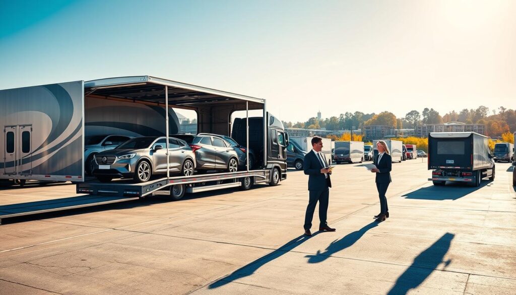 A busy local logistics hub in Novi, Michigan, featuring a variety of vehicles transporting cars. In the foreground, a sleek transport truck intricately designed with an open trailer displaying new cars. The middle ground shows logistics professionals in smart business attire discussing plans with a clipboard, alongside a loading dock bustling with activity. In the background, the Novi landscape unfolds with recognizable architecture and trees under a clear blue sky. Soft golden sunlight bathes the scene, casting gentle shadows and highlighting the professionalism of the operation. The atmosphere is vibrant and efficient, capturing the essence of car shipping's local logistical processes.