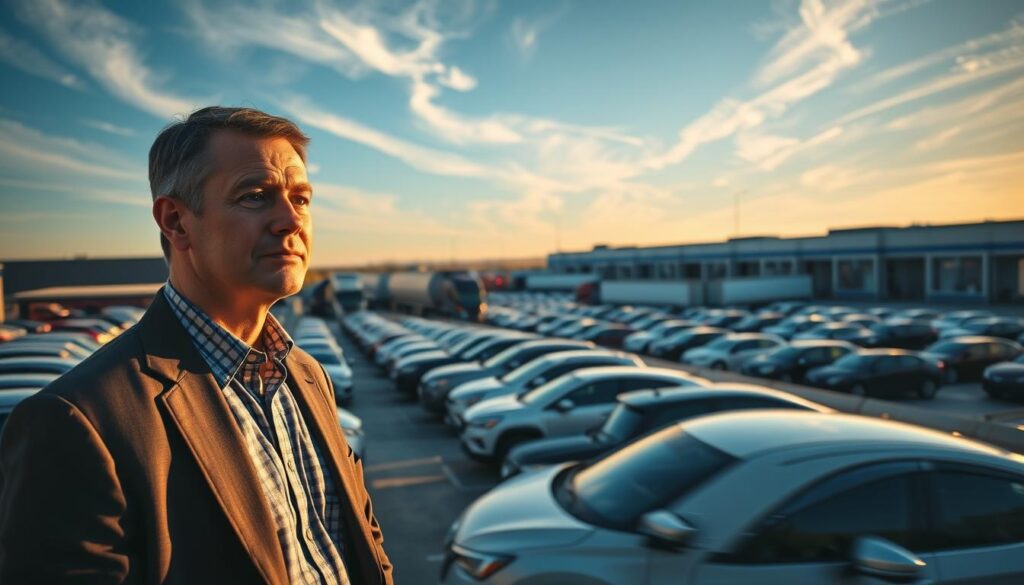 A busy logistics hub in Taylor Township, Michigan, showcasing rows of parked vehicles awaiting shipment. In the foreground, a professional-looking logistics manager in business attire inspects a shipment of cars, displaying a focused expression. The middle ground features large transport trucks and a variety of vehicles, including sedans and SUVs, organized for loading. The background showcases a clear blue sky with wispy clouds, and distant warehouses reflecting the logistical nature of the area. The golden hour sunlight casts a warm glow, enhancing the industrious atmosphere and emphasizing the strategic importance of Taylor as a vehicle logistics center. Capture the scene from a slightly elevated angle to portray the scale and organization effectively.