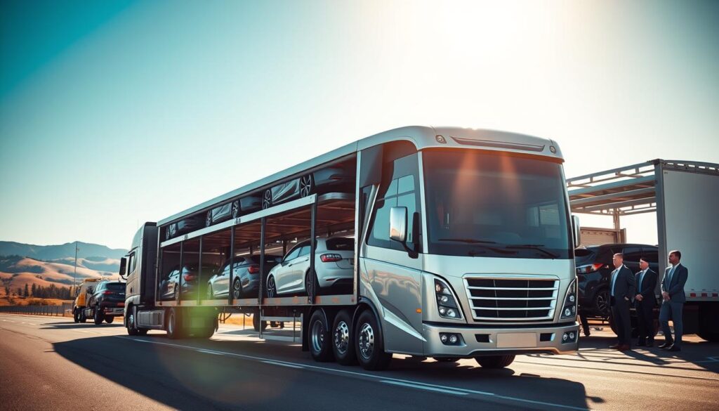 A busy transport service scene showcasing a modern auto transport truck in the foreground, loaded with a variety of cars securely fastened. The truck features a sleek design, gleaming under the bright sunlight. In the middle ground, a well-organized transport facility with staff in professional business attire, inspecting vehicles and preparing them for shipment. Background elements include a clear blue sky and distant hills reminiscent of Michigan's landscape, enhancing the local flavor. The lighting is warm and inviting, typical of a sunny day, with natural shadows cast by the truck. The image conveys a sense of reliability and professionalism, capturing the essence of trustworthy car shipping services.