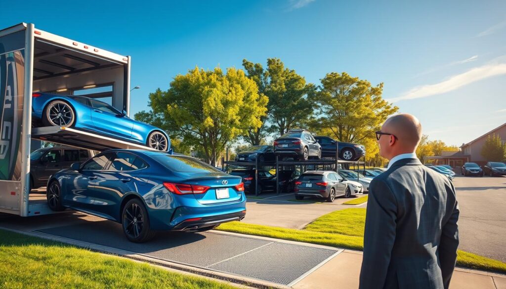 A busy vehicle delivery scene set in Southfield, Michigan, showcasing a professional auto transport company. In the foreground, a sleek blue car is being unloaded from a multi-level car hauler, with a well-dressed shipping manager observing the process, wearing a smart business suit. In the middle ground, several cars with various colors and models are parked in a neatly organized storage area, surrounded by green grass and trees that reflect the suburban charm of the area. The background features a clear blue sky, with bright sunlight casting soft shadows, enhancing the vibrant atmosphere of the bustling delivery operation. A wide-angle view captures the essence of the logistics involved in vehicle shipping, evoking a sense of professionalism and reliability in the auto transport industry.