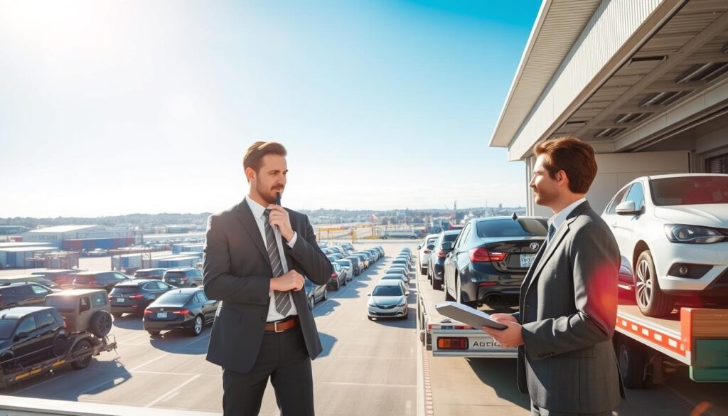 A busy vehicle logistics operation in a modern shipping terminal. In the foreground, a professional team in business attire is coordinating the shipping of vehicles—one person is on a walkie-talkie, while another checks a clipboard. The middle ground features rows of cars on transport trucks, ready for dispatch, showcasing a variety of makes and models. In the background, a clear blue sky stretches above a cityscape of Lowell, Michigan, with warehouses and shipping containers. Soft sunlight bathes the scene, creating an efficient and professional atmosphere, while a slight lens flare adds a dynamic touch. The overall mood conveys reliability and efficiency in vehicle logistics, highlighting a commitment to excellent service.