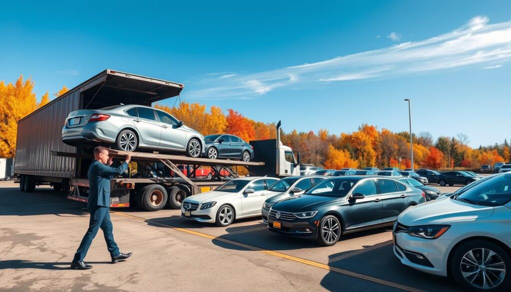 A busy vehicle logistics terminal in Marquette, Michigan, showcasing an efficient car shipping operation. In the foreground, a professional worker in business attire directs a large car carrier truck, expertly loading multiple vehicles. The middle ground features rows of neatly parked cars, with some being unloaded and others parked for shipping. In the background, a clear blue sky contrasts with the vibrant fall foliage, setting the scene in a sunny autumn day. The lighting is bright and warm, creating an inviting atmosphere. The camera angle is slightly elevated, giving a panoramic view of the logistics hub, emphasizing organization and professionalism in auto transport operations. The overall mood conveys trust and efficiency in vehicle logistics, suitable for a professional audience.