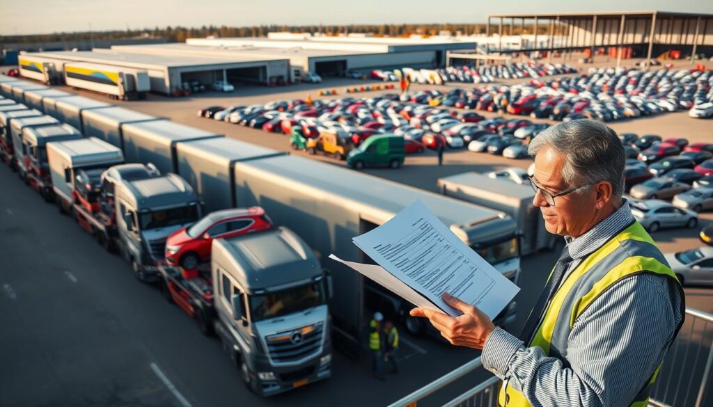 A busy vehicle logistics yard in Redford, Michigan, showcasing a range of car transport trucks loaded with colorful vehicles of different makes and models. In the foreground, a professional logistics coordinator in business attire is inspecting the documents, exemplifying diligence and reliability. The middle ground features several well-organized transport trucks lined up for loading and unloading, surrounded by delivery staff wearing safety vests. The background reveals an expansive facility with storage lots filled with cars and a clear sky. The scene is illuminated by soft, natural daylight, creating a sense of trust and professionalism. Use a wide-angle lens to capture the bustling atmosphere, enhancing the sense of scale and efficiency in vehicle logistics. The overall mood should convey reliability, commitment, and efficiency in auto transport. A busy vehicle logistics yard in Redford, Michigan, showcasing a range of car transport trucks loaded with colorful vehicles of different makes and models. In the foreground, a professional logistics coordinator in business attire is inspecting the documents, exemplifying diligence and reliability. The middle ground features several well-organized transport trucks lined up for loading and unloading, surrounded by delivery staff wearing safety vests. The background reveals an expansive facility with storage lots filled with cars and a clear sky. The scene is illuminated by soft, natural daylight, creating a sense of trust and professionalism. Use a wide-angle lens to capture the bustling atmosphere, enhancing the sense of scale and efficiency in vehicle logistics. The overall mood should convey reliability, commitment, and efficiency in auto transport.