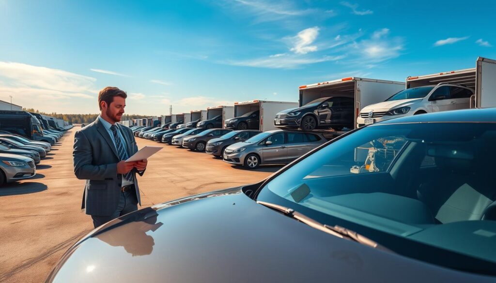 A busy vehicle shipping facility in Hudsonville, Michigan, showcasing an array of new and used vehicles being loaded onto car transport trucks. In the foreground, a professional vehicle shipping agent in smart business attire inspects a shiny sedan, clipboard in hand. The middle ground features multiple transport trucks ready for shipping, with cars secured and ready for transport. In the background, a clear blue sky with a hint of clouds and a well-organized shipping yard filled with additional vehicles and equipment. The scene is brightly lit by warm, midday sunlight, enhancing the polished surfaces of the cars and trucks, creating a sense of professionalism and reliability in vehicle shipping services. The atmosphere conveys a strong sense of efficiency and care.