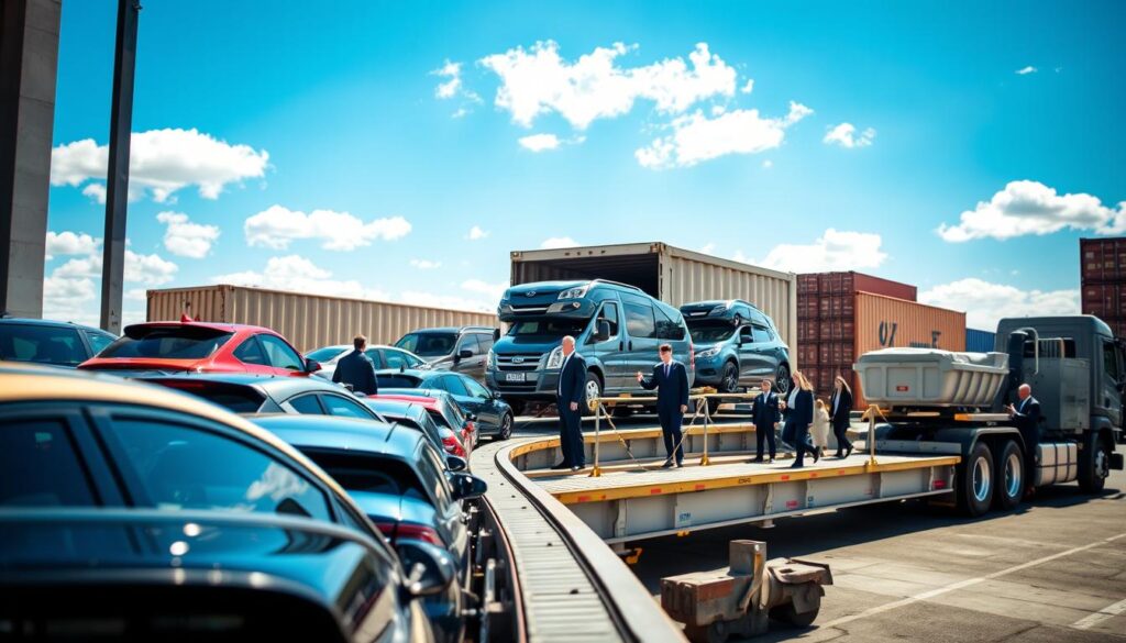 A busy vehicle shipping terminal illustrating the vehicle shipping process. In the foreground, a conveyor belt loaded with various cars, showcasing different colors and models, reflecting attention to detail. In the middle ground, workers in professional business attire guide vehicles onto a large transport truck, emphasizing teamwork and organized logistics. The background features a clear blue sky with a few clouds, and a shipping container stacked neatly, indicating an efficient operation. The lighting is bright and natural, creating a sense of a productive day at the terminal, captured from a slightly elevated angle. The overall mood conveys professionalism and reliability in the car shipping industry.