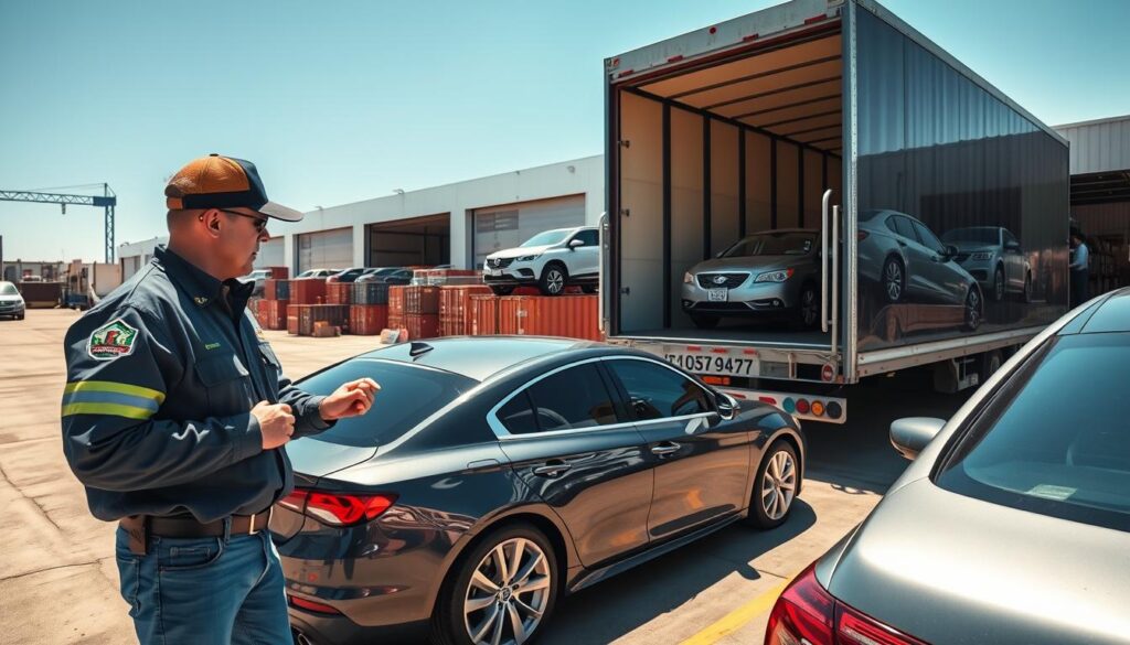 A busy vehicle shipping terminal in Inkster, Michigan, showcasing a variety of cars being loaded onto a large transport truck under a clear blue sky. In the foreground, a professional driver wearing a branded uniform inspects a shiny sedan before securing it. The middle ground features the transport truck, loaded with vehicles, parked next to a warehouse with staff efficiently managing logistics. In the background, various shipping containers and vehicles can be seen against the industrial landscape of Michigan. The scene is illuminated by natural sunlight, creating a warm and productive atmosphere. The angle is slightly elevated to capture the entire operation, emphasizing efficiency and professionalism in auto transport services.