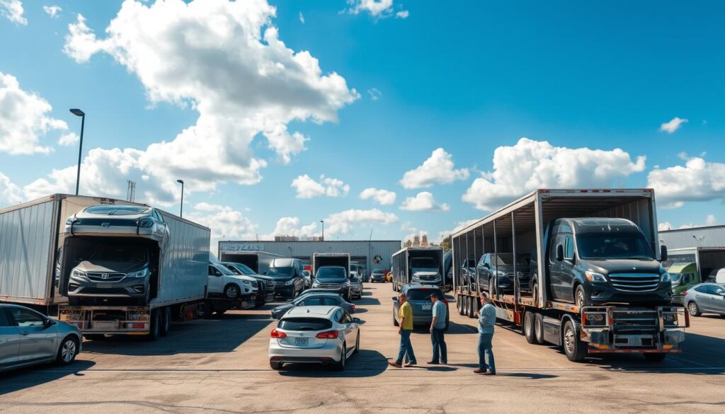 A busy vehicle shipping yard in Battle Creek, Michigan, bustling with activity. In the foreground, several transport trucks are loading and unloading cars, showcasing a variety of vehicles including sedans, SUVs, and trucks. The middle ground features a well-organized area with workers in professional attire, inspecting and documenting the condition of vehicles, highlighting the care involved in the transportation process. In the background, a clear blue sky with soft, fluffy clouds creates a bright and optimistic atmosphere, while nearby buildings reflect the local architecture unique to Michigan. The lighting is natural and vibrant, emphasizing the efficiency of the vehicle shipping operation, and capturing the essence of a reliable auto transport service. The angle is slightly elevated to provide a comprehensive view of the shipping process in action.