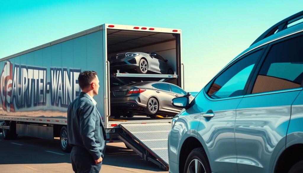 A busy vehicle shipping yard in Norton Shores, Michigan, showcasing a variety of cars being loaded onto a modern transport truck. In the foreground, a professional worker in business attire oversees the loading process, ensuring everything runs smoothly. The middle ground features a sleek transport truck, with multiple vehicles securely strapped down, ready for the journey. The background displays a clear blue sky and the shoreline of Lake Michigan, hinting at the geographical context. The scene is illuminated by bright, natural lighting, creating a vibrant atmosphere, with a slightly elevated angle to capture the logistics of the operation effectively. The overall mood is one of efficiency and professionalism, highlighting comprehensive vehicle shipping solutions. A busy vehicle shipping yard in Norton Shores, Michigan, showcasing a variety of cars being loaded onto a modern transport truck. In the foreground, a professional worker in business attire oversees the loading process, ensuring everything runs smoothly. The middle ground features a sleek transport truck, with multiple vehicles securely strapped down, ready for the journey. The background displays a clear blue sky and the shoreline of Lake Michigan, hinting at the geographical context. The scene is illuminated by bright, natural lighting, creating a vibrant atmosphere, with a slightly elevated angle to capture the logistics of the operation effectively. The overall mood is one of efficiency and professionalism, highlighting comprehensive vehicle shipping solutions.