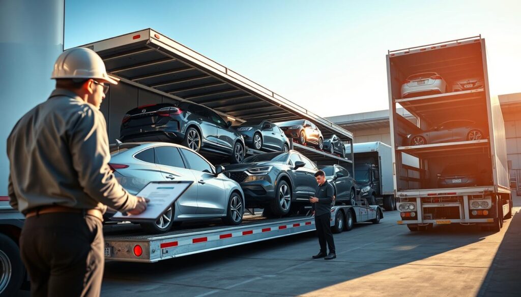 A busy vehicle transport loading dock in Wayne, Michigan, showcasing the vehicle transport process. In the foreground, a professional worker in business attire inspects a car loaded onto a car carrier while a second worker documents the process on a clipboard. The middle ground features a sleek, modern car carrier filled with various cars, showcasing a range of sedans and SUVs. In the background, a clear blue sky and a bustling logistics facility with other transport trucks and vehicles can be seen. The lighting is bright and natural, with a slight golden hue indicating early morning. The atmosphere conveys efficiency and professionalism, highlighting the organized nature of the vehicle transport process.