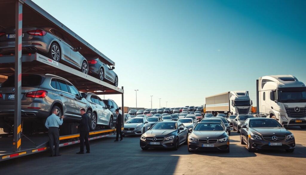 A busy vehicle transport process scene at an auto transport station in Haslett, Michigan. In the foreground, several cars are being loaded onto a large, multi-level car carrier truck, with workers in professional business attire carefully securing the vehicles. The middle ground features a diverse fleet of cars ready for shipment, showing a range of colors and models, while a transport truck drives away in the background against a clear blue sky. The lighting is bright and natural, highlighting the vehicles and equipment involved in the process. The atmosphere is organized and efficient, conveying a sense of professionalism and reliability in auto transport logistics.