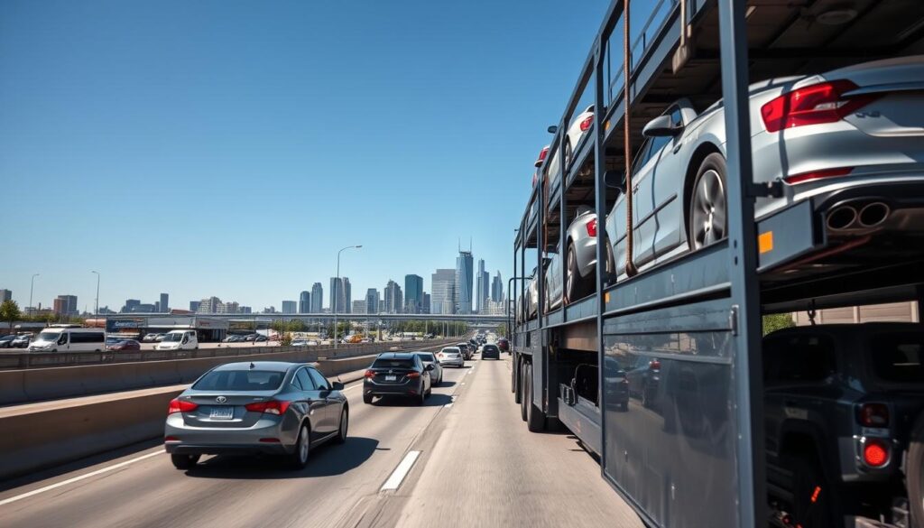 A busy vehicle transport scene showcasing a multi-level car carrier truck on a bustling highway in Flint, Michigan. In the foreground, the sleek truck is loaded with various cars, highlighting their secure placement with straps. The middle ground features a clear view of the highway with vehicles in motion, depicting a range of cars, from sedans to SUVs, signaling the transport process. In the background, the iconic skyline of Flint can be seen under a clear blue sky, evoking a sense of movement and industry. The lighting is bright and natural, reminiscent of a sunny day, with shadows adding depth to the vehicles. The atmosphere is dynamic and professional, reflecting the efficiency of the vehicle transportation process.