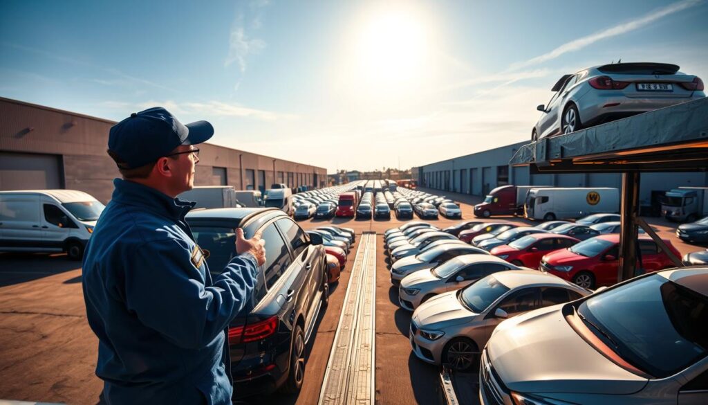 A busy vehicle transport yard in River Rouge, Michigan, showcasing a range of transport vehicles including car carriers and trucks. In the foreground, a professional driver wearing a crisp blue uniform inspects a newly arrived car, emphasizing the attention to detail in vehicle handling. The middle ground features organized rows of various cars ready for shipping, with diverse models and vibrant colors that reflect the automotive industry. In the background, silhouettes of warehouses under a clear blue sky, with soft rays of sunlight illuminating the scene, create a warm and inviting atmosphere. The angle captures a slight upward perspective, showcasing the scale of the operation and the efficiency of the transport service, while conveying a sense of professionalism and reliability.