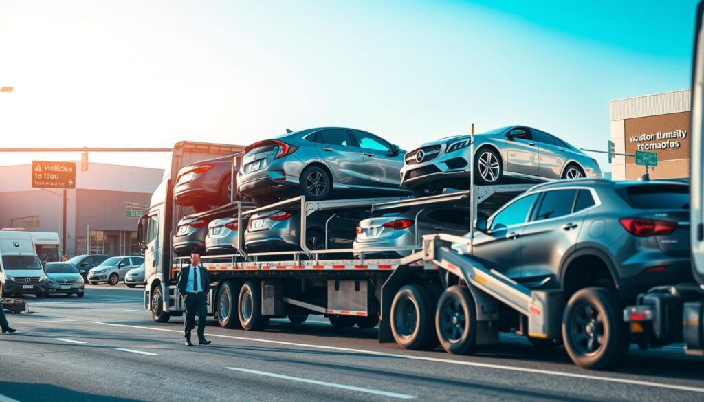 A busy vehicle transportation process in an urban setting, focusing on an auto transport truck loaded with cars ready for shipping. In the foreground, the truck's rear ramp is lowered, with a couple of professional workers in business attire overseeing the loading process. The middle ground showcases a diverse range of vehicles, from sedans to SUVs, securely fastened on the trailer. In the background, a clear blue sky contrasts with a bustling Clinton Township street, with nearby warehouses and traffic signs indicating a logistics hub. Soft natural lighting highlights the scene, creating a sense of active organization and efficiency. The composition is shot from a slightly elevated angle, adding depth and emphasizing the scale of the operation, conveying a mood of professionalism and reliability in vehicle transportation.